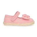 Make up pink Linen Mary Jane Shoes for Children with Bow and Adjustable Strap