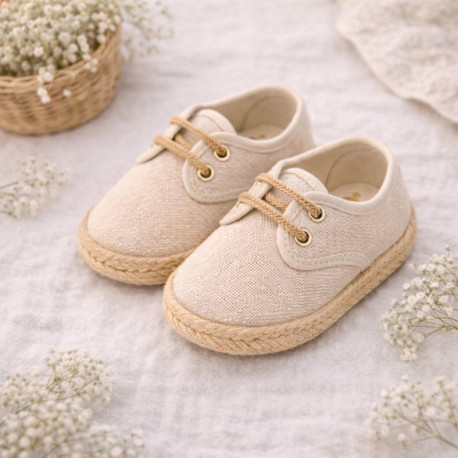 Alpargata niño Blucher de lino beige con cordones