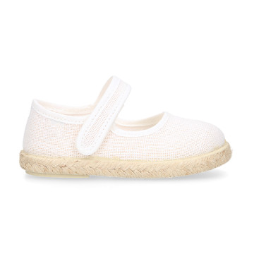 White Linen Mary Jane Shoes for Children with Adjustable Strap closure