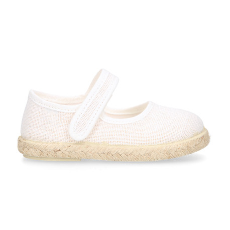 White Linen Mary Jane Shoes for Children with Adjustable Strap closure