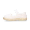 White Linen Mary Jane Shoes for Children with Adjustable Strap closure