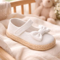 White Linen Mary Jane Shoes for Children with Bow and Adjustable Strap