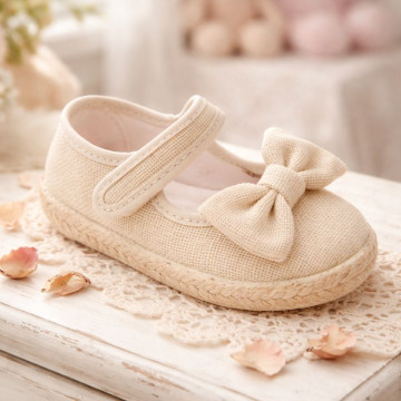 Beige Linen Mary Jane Shoes for Children with Bow and Adjustable Strap