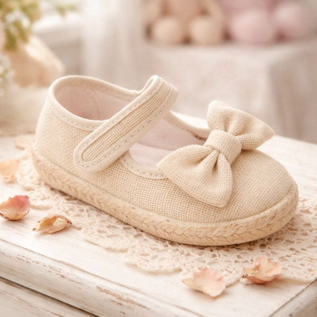 Beige Linen Mary Jane Shoes for Children with Bow and Adjustable Strap