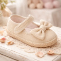 Beige Linen Mary Jane Shoes for Children with Bow and Adjustable Strap