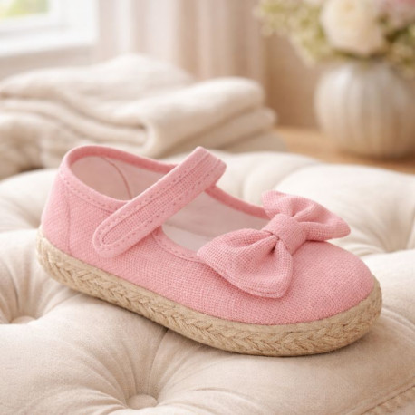 Make up pink Linen Mary Jane Shoes for Children with Bow and Adjustable Strap