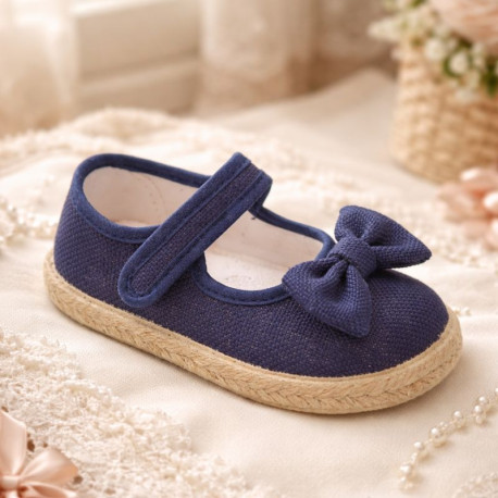 Deep blue Linen Mary Jane Shoes for Children with Bow and Adjustable Strap