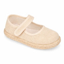 Beige Linen Mary Jane Shoes for Children with Adjustable Strap closure