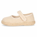 Beige Linen Mary Jane Shoes for Children with Adjustable Strap closure