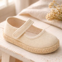 Beige Linen Mary Jane Shoes for Children with Adjustable Strap closure