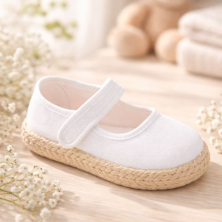 White Linen Mary Jane Shoes for Children with Adjustable Strap closure