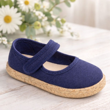 Deep blue Linen Mary Jane Shoes for Children with Adjustable Strap closure