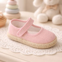 Make up pink Linen Mary Jane Shoes for Children with Adjustable Strap closure
