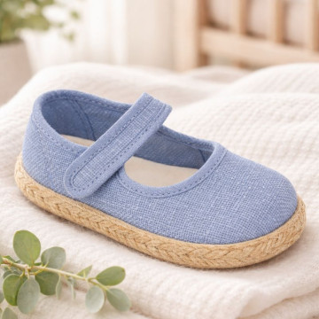 Medium blue Linen Mary Jane Shoes for Children with Adjustable Strap closure