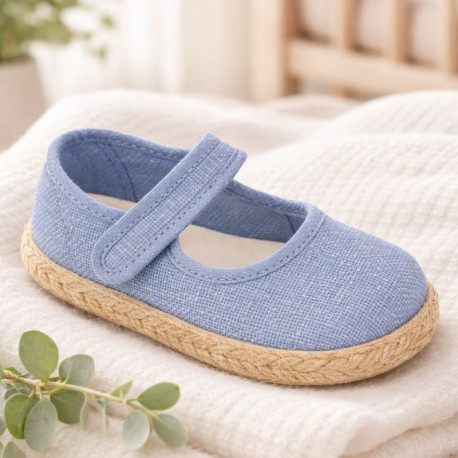 Medium blue Linen Mary Jane Shoes for Children with Adjustable Strap closure