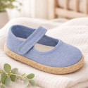 Medium blue Linen Mary Jane Shoes for Children with Adjustable Strap closure