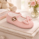 Make up pink Linen Mary Jane Shoes for Children with Bow and buckle fastening
