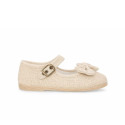 Beige Linen Mary Jane Shoes for Children with Bow and buckle fastening