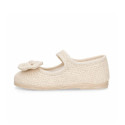 Beige Linen Mary Jane Shoes for Children with Bow and buckle fastening