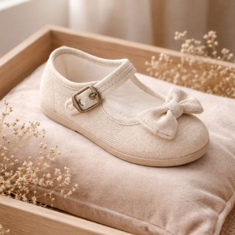 Beige Linen Mary Jane Shoes for Children with Bow and buckle fastening