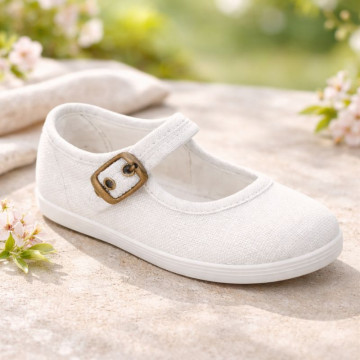 White Linen Mary Jane Shoes for Children with buckle fastening