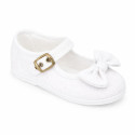 White Linen Mary Jane Shoes for Children with Bow and buckle fastening