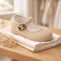 Beige Linen Mary Jane Shoes for Children with buckle fastening