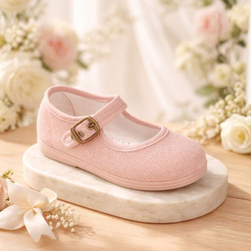 Make up pink Linen Mary Jane Shoes for Children with buckle fastening