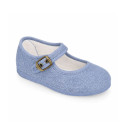 Medium blue Linen Mary Jane Shoes for Children with buckle fastening