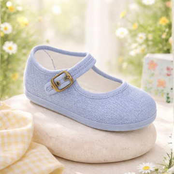 Medium blue Linen Mary Jane Shoes for Children with buckle fastening