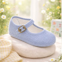 Medium blue Linen Mary Jane Shoes for Children with buckle fastening