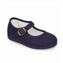 Navy Blue Linen Mary Jane Shoes for Children with buckle fastening