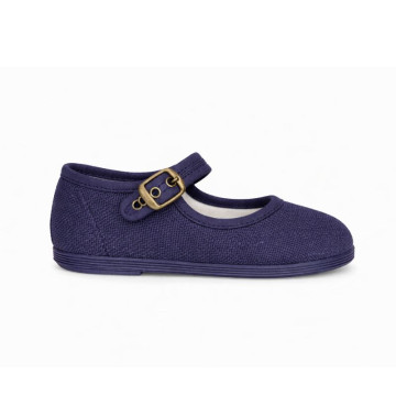 Navy Blue Linen Mary Jane Shoes for Children with buckle fastening