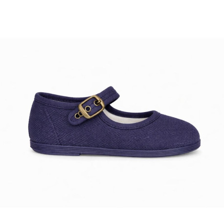 Navy Blue Linen Mary Jane Shoes for Children with buckle fastening