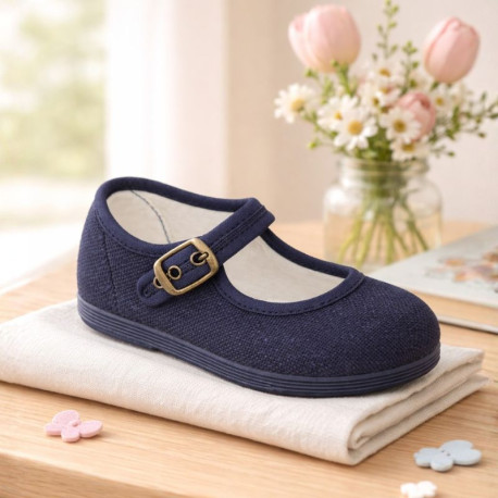 Navy Blue Linen Mary Jane Shoes for Children with buckle fastening