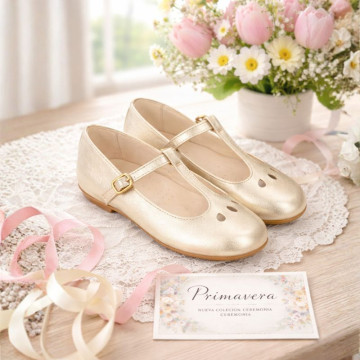 Girls’ Gold Leather T-Bar Mary Jane Shoes