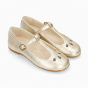 Girls’ Gold Leather T-Bar Mary Jane Shoes