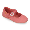 Girl's Mary Jane with Japanese-style buckle in COTTON canvas in MAKE UP PINK color.