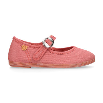 Girl's Mary Jane with Japanese-style buckle in COTTON canvas in MAKE UP PINK color.