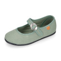 Girl's Mary Jane with Japanese-style buckle in COTTON canvas in GREEN color.
