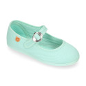 Girl's Mary Jane with Japanese-style buckle in COTTON canvas in WATER GREEN color.
