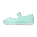Girl's Mary Jane with Japanese-style buckle in COTTON canvas in WATER GREEN color.