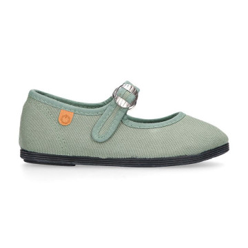 Girl's Mary Jane with Japanese-style buckle in COTTON canvas in GREEN color.