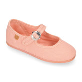 Girl's Mary Jane with Japanese-style buckle in COTTON canvas in SALMON color.