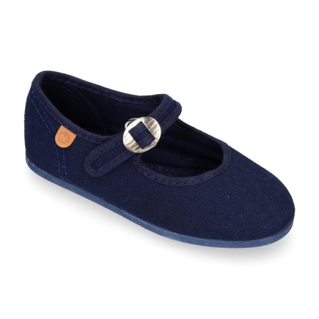 Girl's Mary Jane with Japanese-style buckle in COTTON canvas in NAVY BLUE color.