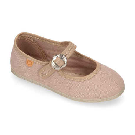 Girl's Mary Jane with Japanese-style buckle in COTTON canvas in TAN color.