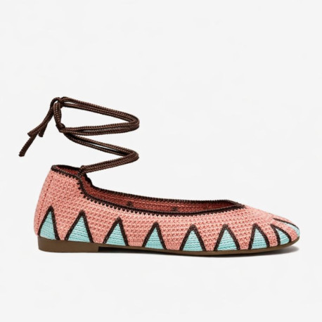 Make up Pink Crochet Woman Ballet Flats with Ankle Ties