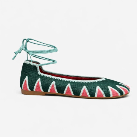 Green Crochet Woman Ballet Flats with Ankle Ties