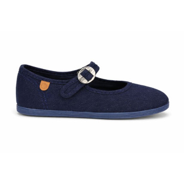 Girl's Mary Jane with Japanese-style buckle in COTTON canvas in NAVY BLUE color.