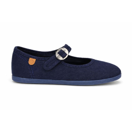 Girl's Mary Jane with Japanese-style buckle in COTTON canvas in NAVY BLUE color.